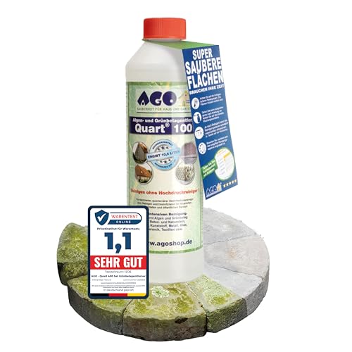 AGO Quart 100 Grünbelagentferner 500 ml - chlor- und säurefrei / 100 qm Algen und Grünbelag Entferner/Steinreiniger/Terrassenreiniger/Grünspan Entferner/Naturstein Reiniger