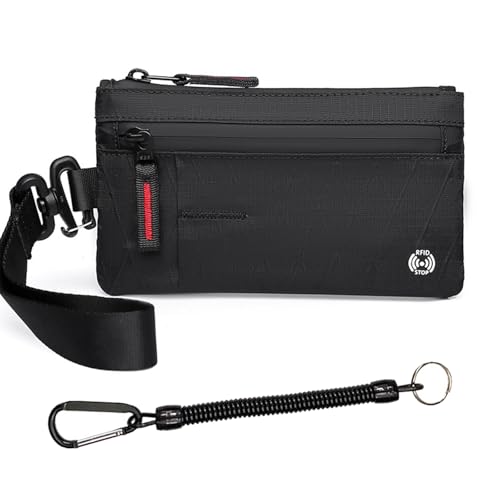 Minimalist Zipper Wallet,Cash and Card Zip Wallet with RFID Blocking,rfid wallet for men,with Multi-tool Slot and Spring hook (black red)