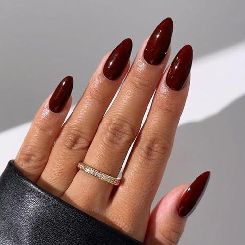 IQXGE Short Acylic Press on Nails Almond False Fake Nails Press ons Full Cover Stick on Nail Cherry Red Acrylic Fake Nail Glossy Artificial 24Pcs Reusable for Women — view 3