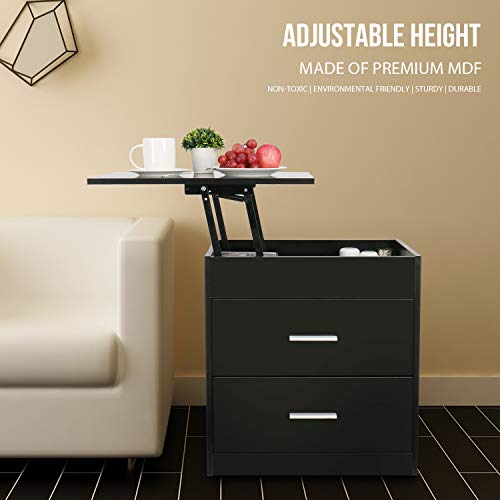 Artethys 2 In 1 Upgrade Nightstand With Lift Top And End Table, Height Adjustable Bedside Table Computer Table Laptop Desk With Hidden Storage Compartment And 2 Drawers, Black #TOP6