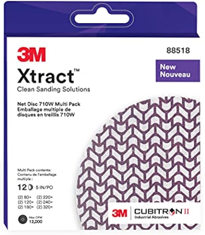 3M Xtract Cubitron II Net Disc 710W, 5 in, 12 Piece Multi-Pack Hook and Loop Sanding Discs, 80+, 120+, 180+, 220+, 240+, 320+, Virtually Dust-Free, Assorted Grades, 88518, Case of 20,Purple