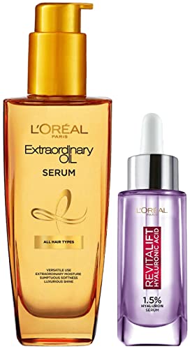 L’OREAL PARIS Revitalift Hyaluronic Acid Serum | Lightweight Face Serum For Hydrated, Youthful Skin (Fragrance & Paraben Free), 30Ml & Extraordinary Oil Hair Serum, 100 Ml