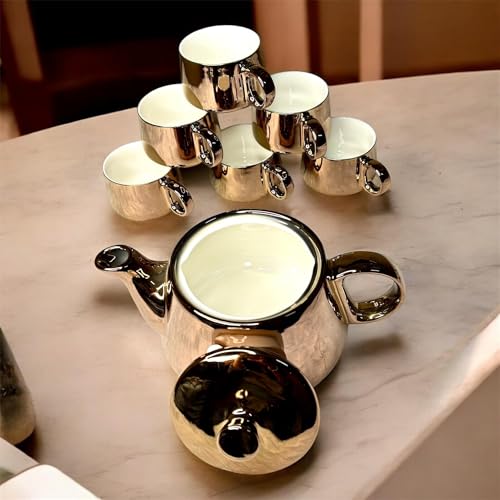 Image of DMRD Porcelain Tea Set with Kettle |Tea Cup Set 7Pc | Aesthetic and Classic Cups Set | Premium Crockery for Home & Gifting with Golden Color Geometric Pattern Design. (Golden)