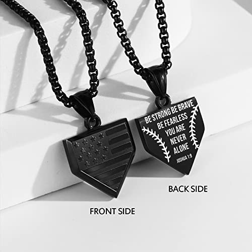 Hattidoris Baseball Home Plate Necklace For Men Usa Flag Shield Pendant Stainless Steel Chain 22+2 Inch Inspirational Patriotic Jewelry Personalized Baseball Gift For Boys（1-9 Black） #TOP1