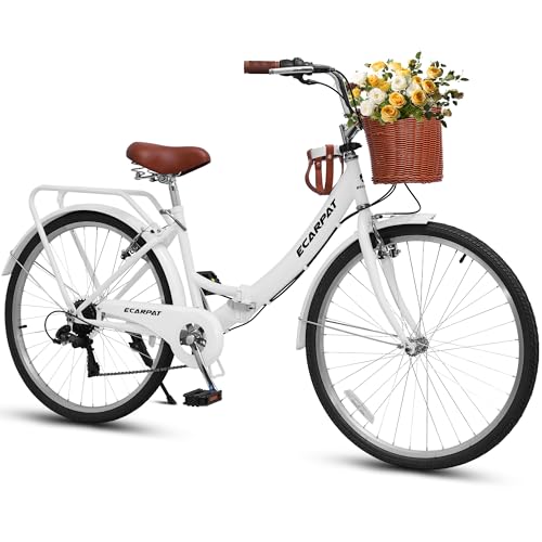 Ecarpat 26 Inch Folding Beach Cruiser Bike for Women, 7 Speed Comfortable City Bike with Rear Rack, Cup Holder and Basket, Steel Frame Commuter Foldable Bicycle with Dual V-Brakes for Adults, White