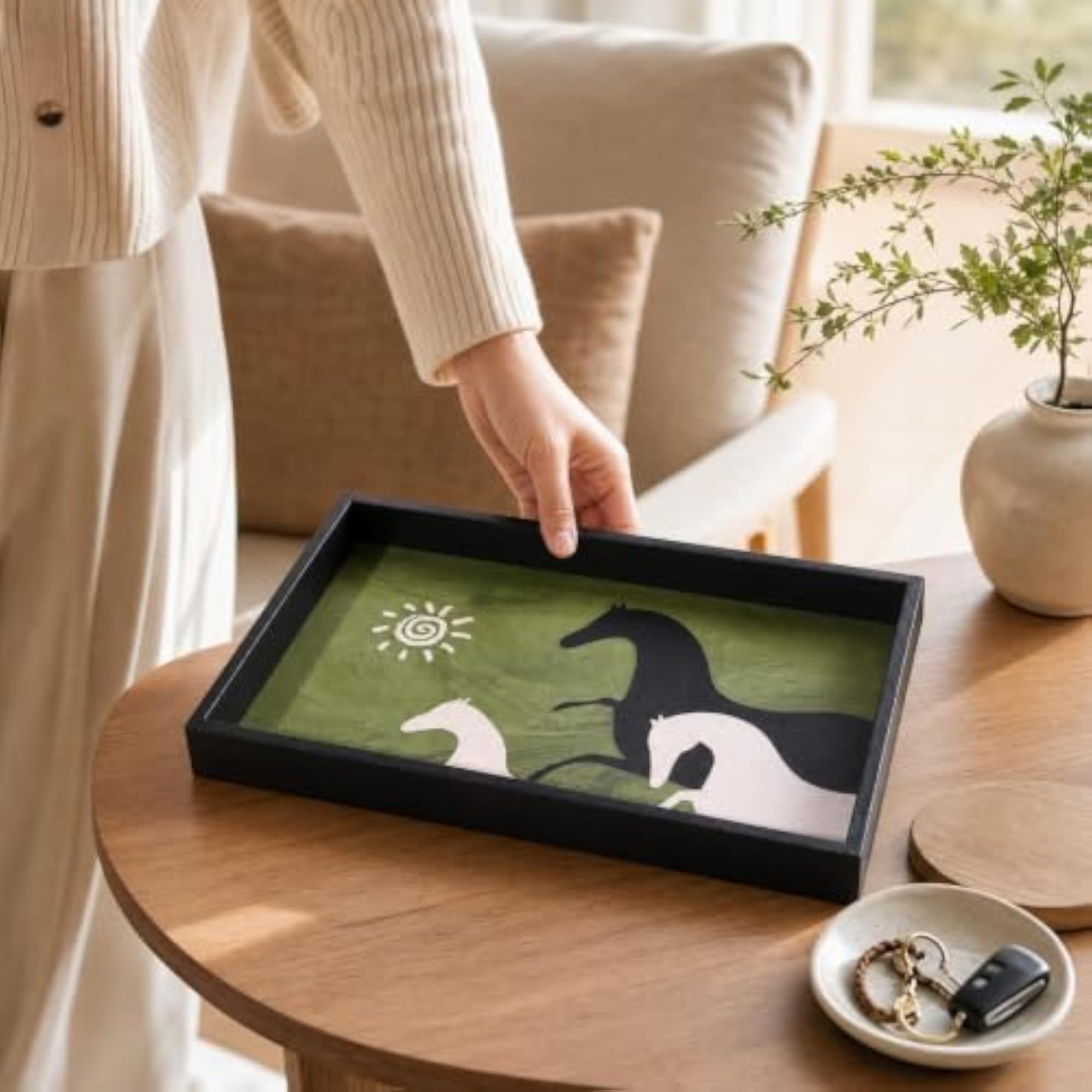 Decorative Rectangular Tabletop Storage Tray with Horse Motif