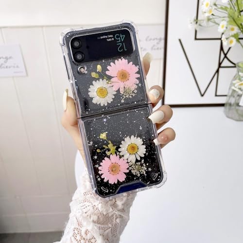 Coque de luxe en vraies fleurs séchées pour Samsung Galaxy Z Flip 3 et 4 antichoc rose