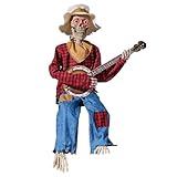 Cikiki Duell-Banjo-Skelett, 39,9 cm, lustige, animierte Halloween-Banjo-Skelette mit hellen Augen, Halloween-Skelett-Musiker-Figur für Spukhaus-Party & Dekorationen