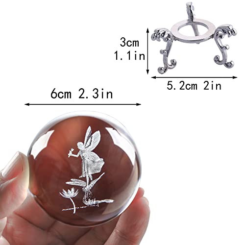 2.3in 3D Laser Crystal Fairy with Dragonfly and Lotus Figurines Crystal Ball Paperweight with Stand Base - 3D Engraving Crystal Sphere Wedding Gift Home Decor