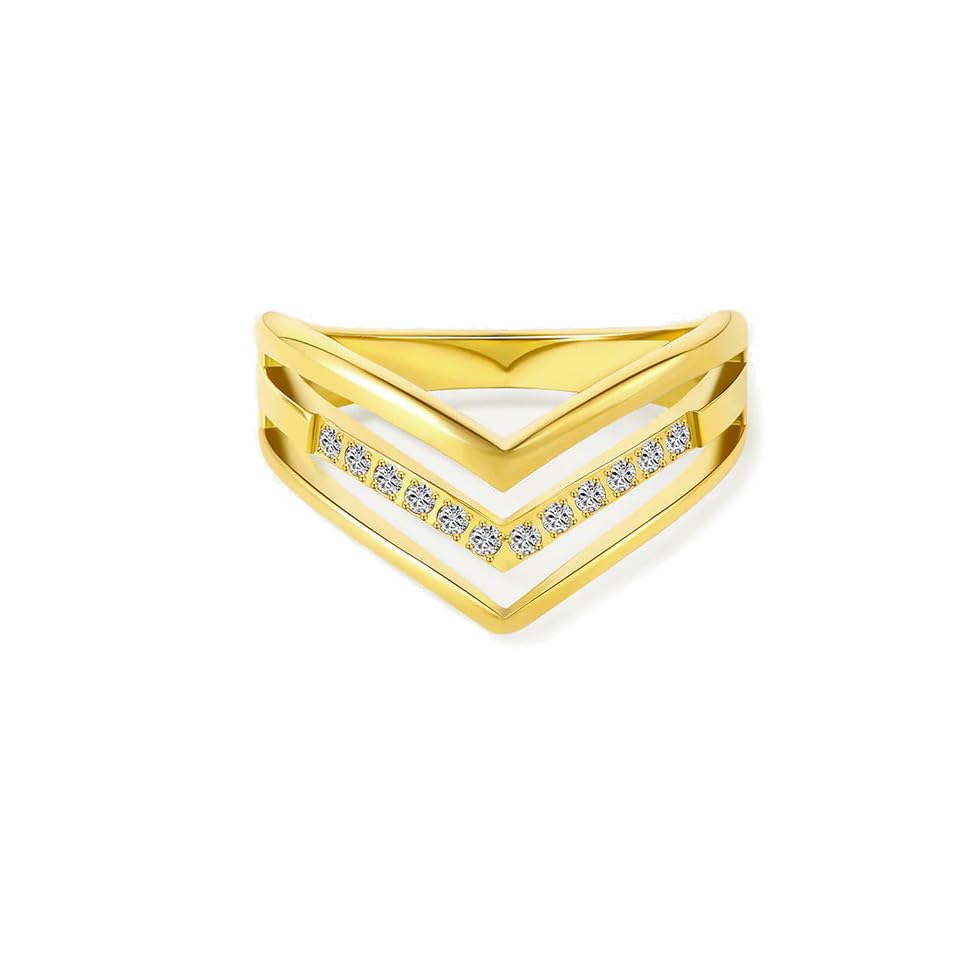 PHNIBIRD Anillo Oro Mujer Chevron con Zirconio Ajustable Anillo Dorado 14k Bañado Vanguardista Joyas Accesorios de Moda Ideal para Llevar en Capas Regalos para Mujer