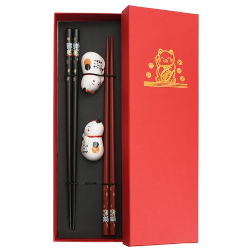 Bacchette in legno in stile giapponese con base in ceramica - set premium per sushi a tema gatto