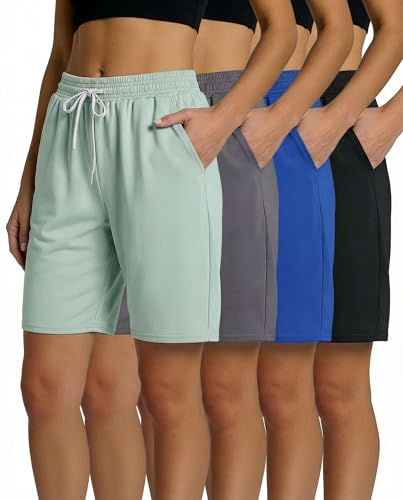 Real Essentials 4 Pack: Women's Dry-Fit Athletic 7" Bermuda Long High Waisted Running Shorts (Available in Plus Size)