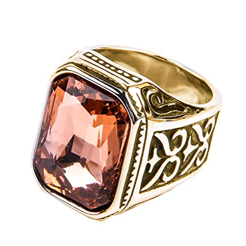 PAURO Men's Promise Ring with Big Stone Gold Black Light Orange Size 10