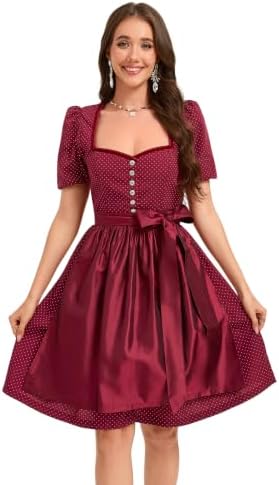 YesFashion Dirndl Damen Baumwolle Trachtenkleid 2-Teilig mit Gepunktetem Kleid und unifarbener Schürze – Klassisches Dirndlkleid