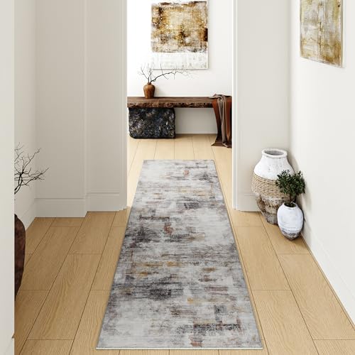 2x6 Washable Runner Rug Beige Grey Abstract Non Slip Soft Low Pile Hallway Kitchen Rug Neutral Modern Carpet for Laundry Bathroom Bedroom Living Room Home Decor 2' x 6' (Runner) Beige/Grey