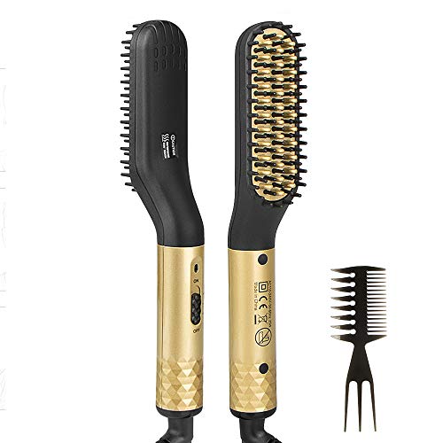 Beard Straightener for Men-Electric Hot Beard Straightener Brush Multifunctional Beard Hair Straightening Comb with 30S Fast Heating and Anti-Scald Feature Great for Home Travel (Gold)