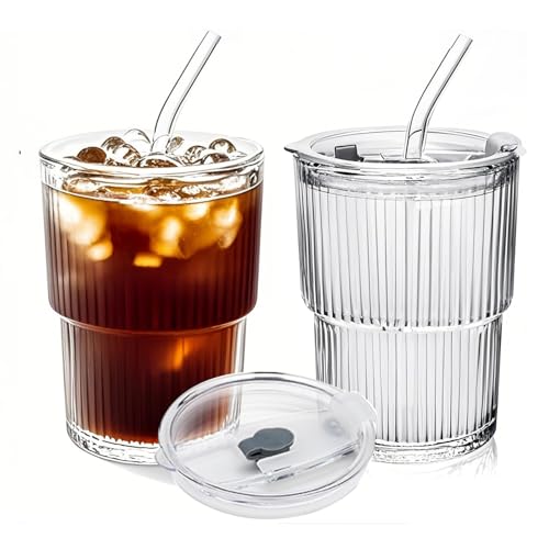 Lioong 2pcs Glass Coffee Cups with Lids and Straws,13Oz Ice Coffee Cup With Lids Matcha Glass Tumbler With Straws,Glasses Go to Cups Traveling Mugs For Cold Drinks Smoothie Juice Drinking (400ml)