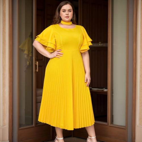 ONTINVA Women Plus Size High Neck Pleated Hem Party Dress Flared Sleeves Elegant A Line Midi Dresses2
