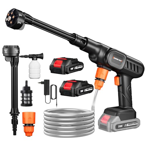 Hidrolimpiadora Bateria, 21V Máx 60Bar Hidrolimpiadora de Alta Presion, Press & Clean Pistola Lavado, Manguera de 5M, Boquilla Ajustable 6 en 1, Jarra de Espuma (con 2 baterías de 4000 mAh)
