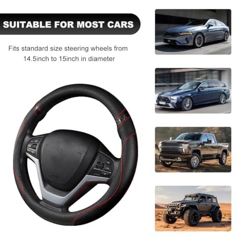 Image of Car Steering Wheel Cover, 15 Inch Premium Leather Breathable Non-Slip Wheels Wrap, Universal Auto Comfortable Steering Wheel Protector for SUV Truck Van, Car Accessories (Black)