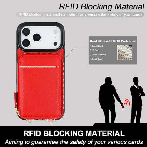 Bocasal Crossbody Wallet Case for iPhone 17 Pro Max, RFID Blocking Leather Purse Case with Card Holder, Protective Handbag Flip Cover with Zipper Wrist Strap Lanyard for Women 5G 6.9 Inch (Red)
