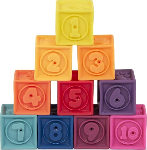 Image of B. toys, One Two Squeeze Soft Building Blocks, 10 Pack, Blocks - 1, Baby | 10 soft blocks with numbers, shapes, colors, and animals; textured block play with reusable bag, Blocks - 1, Baby; 6+ Months