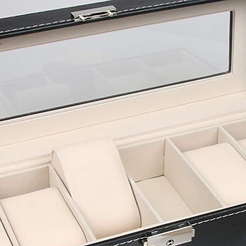 Watch Box, FOME 6 Slots PU Leather Storage Organizer for Watch Lockable Watch Case Organizer Jewelry Display Box with Protective Belt 6 Removable Pillows Framed Glass Lid for Men Women
