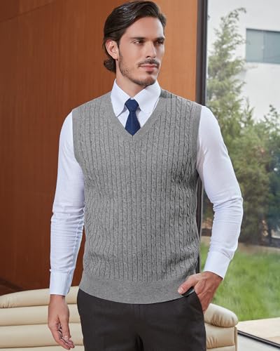 كالسبين سترة للرجال من مزيج صوف الكشمير محبوكة على شكل حرف V بدون اكمام بقصة مريحة، لون رمادي فاتح، مقاس 4XL