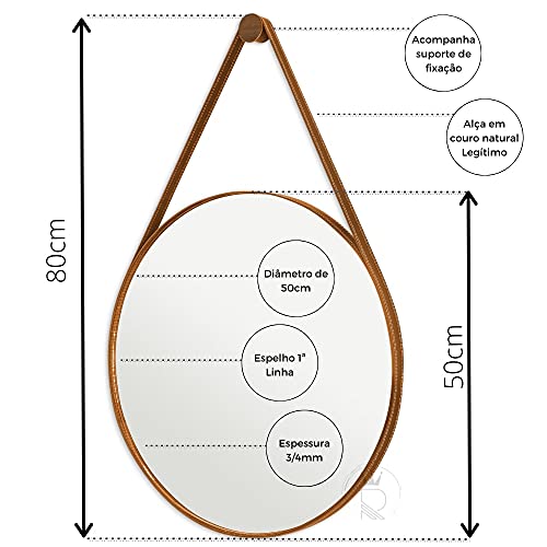 Espelho Decorativo Redondo 50cm Adnet Suspenso C/ Alça Couro Caramelo