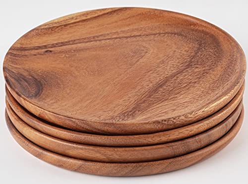 Platos de carga de madera de acacia gourmet: bandejas decorativas para servir aperitivos, juego de 4 para el desierto, piezas sólidas hechas a mano de platos de madera de acacia (8" x 8") Cover