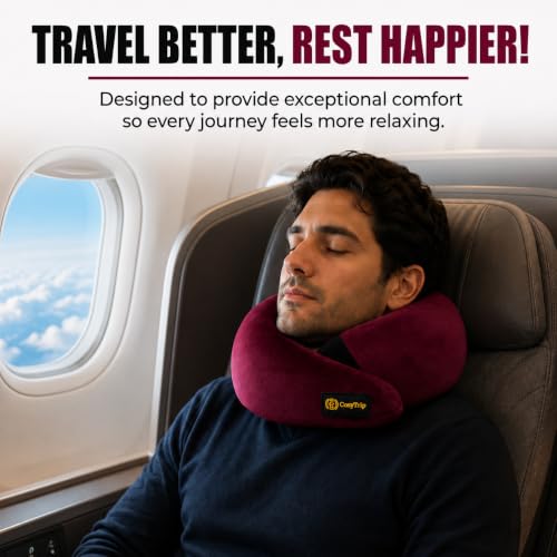 Image of Neck Pillow, Travel Neck Pillow with 100% Hi-Per Foam Memory Foam, Lightweight Neck Support Pillow for Flight Travel, Adjustable Velcro Straps, Free Travel Pouch, Bed, Car Neck Pillow (Wine)
