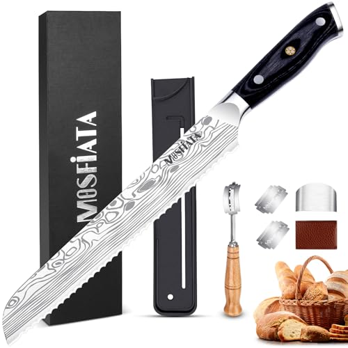 MOSFiATA Professional Serrated Bread Knife - 8 inch High Carbon Stainless Steel Japanese Sharp Blades - Bread Cutter with Cover - Full Tang Wooden Handle Cake Bread Knife