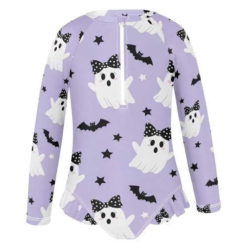 Cute Ghosts with Bows Flying Girls Rash Guard Swimsuits Long Sleeve One Pieces Bathing Suit UPF 50+ Zipper Swimwear2