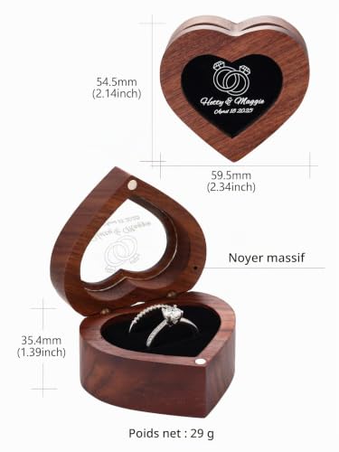 Custom4U Boîte à Alliance en Bois Personnalisée, Cœur Vintage avec 2 Encoches pour Elle, Écrin à Bijou Personnalisé pour Demande en Mariage, Anniversaire, Souvenir, Action de Grâce – vue 7