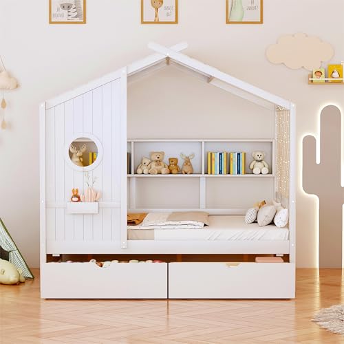 Image of Modern Full Size House Bed with Roof and Window, Wooden Daybed Frame with Shelves and 2 Drawers,Bedroom Furniture for Girls & Boys (White+2 Drawers*)