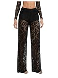 Women's Y2K Floral Lace See Through Pants Sheer Straight Leg Long Pants Club Wear Black XX-Small