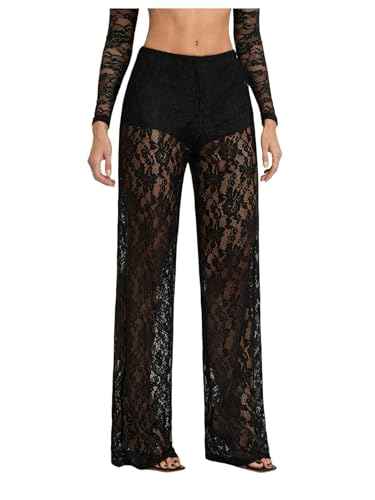 RoseSeek Women's Y2K Floral Lace See Through Pants Sheer Straight Leg Long Pants Club Wear Black Tall-M