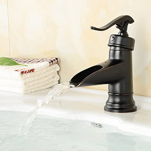 Robinet mitigeur d'évier chaud et froid noir pour salle de bain avec bec cascade bas