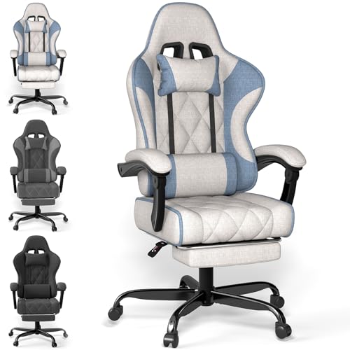 TRIUMPHKEY Silla de Juegos & Oficina de Tela | Dormitorio/Sala de Juegos, Almohada Lumbar Massage USB, Reposabrazos Sync, Apoyapiés Retráctil, 360° Giro, 90-135° Inclinación, 150KG (Blanco)