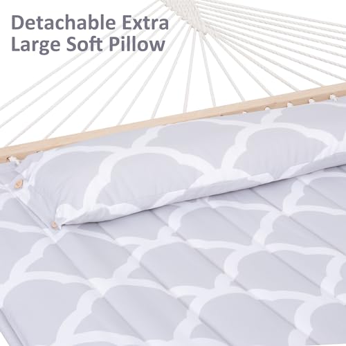 Image of SUNCREAT Double Hammock, Extra Large Quilted Fabric Swing with Hardwood Spreader Bars & Detachable Pillow, Heavy Duty, Perfect for Indoor /Outdoor Patio, Deck, Yard, Gray Cloud