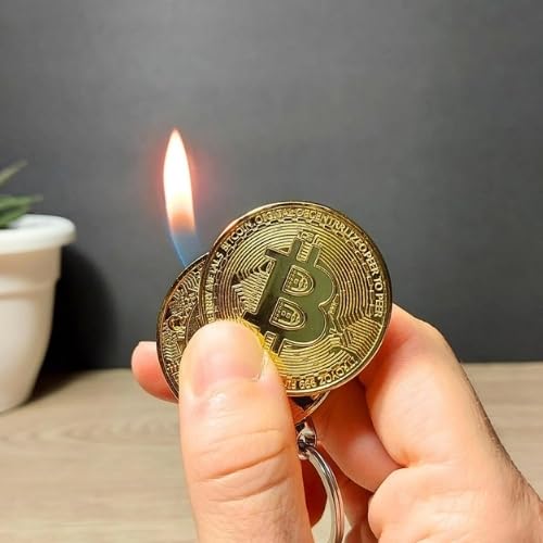 Image of Smoke King Bitcoin Coin Lighter with Keychain - Gold Finish Butane Refillable Lighter, Sliding Ignition, Adjustable Flame, Compact Pocket EDC Gift