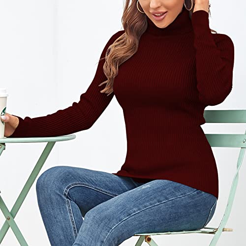 Rocorose Women's Ribbed Knit Pullover Long Sleeves Turtleneck Slim Fit Winter Sweater Wine Red S #TOP4
