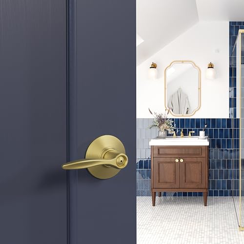 Image of Schlage Delfayo Bed /Bath Privacy Door Handle with Lock, Satin Brass | Interior bedroom or bathroom door lever with push button lock, Reversible, Easy install, Certified durability, Universal fit