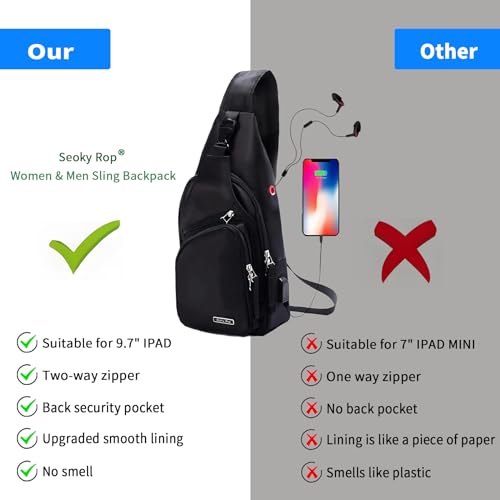 Seoky Rop Men Women Sling Backpack Nylon Water Resistant Shoulder Chest Crossbody Sling Bag with USB Charging Port3