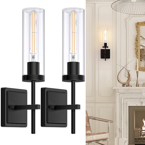 Spiglamm Wall Sconces Set of Two, Matte Black Bathroom Sconces Wall Lighting with Clear Glass, Modern Sconces Wall Decor Set of 2 Vanity Light fixtures for Mirror Living Room Hallway Bedroom, 1-Light