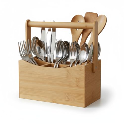 LS-LebenStil Holz Besteckkorb Kampen 4-Fächer 22cm Rechteckig mit Griff Cutlery Utensilo Küche Utensilienhalter Organizer Besteckkasten Besteckständer Besteckbehälter Besteckhalter Stiftebox