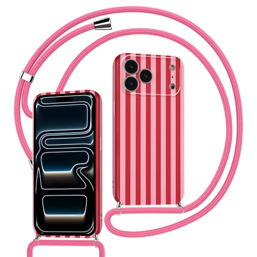 Kueqeay Handyband für iPhone 17 Pro 6 3 Hülle mit Band Kette Aesthetic Rosarot Gestreift Striped Motiv Verstellbarer Halskette Handyhülle mit Kordel zum umhängen Silikon Stoßfest Schutzhülle 01