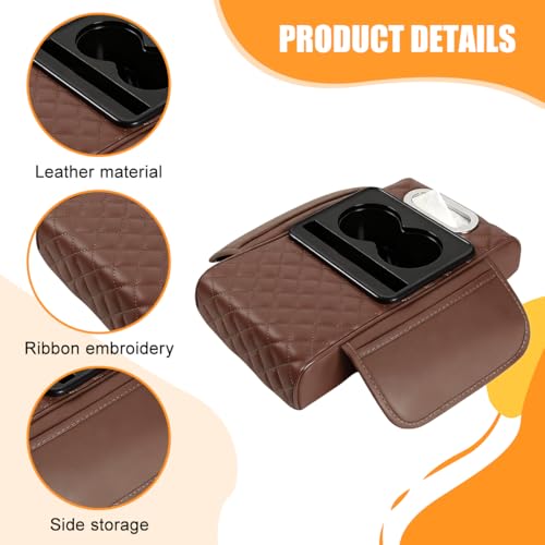 Image of Car Armrest Cushion, 5-in-1 Nappa Leather Vehicle Centre Console Cover with 2 Storage Pockets, Cup Phone & Phone Holder, Multifunctional Auto Organiser Accessories, Universal Fit (Coffee)