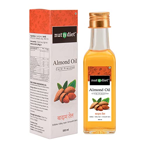 Image of nutndiet Sweet Almond Oil 100ml - Glass Bottle Pure Cold Pressed Badam Tel, Rich in Vitamin-E, Natural Edible Oil, Hair Skin & Face Care, Body Massage.