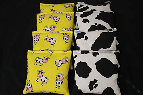 BackYardGamesUSA Spotted Cow Lovers Farmer - All Weather or Corn Filled Cornhole Bags - Set of 8 Regulation Size Duck Canvas Cornhole Toss Bean Bags (Corn Filled)